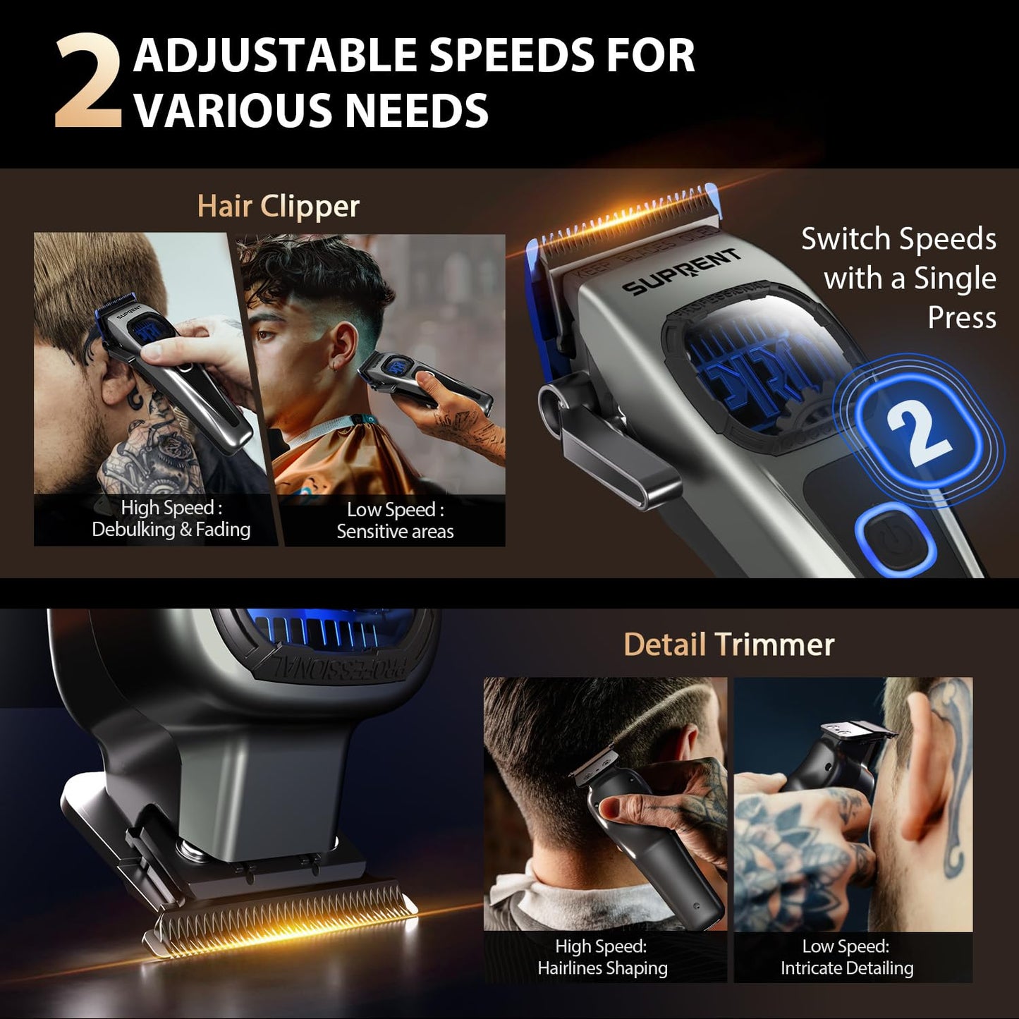Black SUPRENT StormGray Professional Hair Clippers for Men - Cordless Barber Clippers & Zero-gapped Trimmer Set, Haircutting Kit with High Performance Motor, Blue Titanium-Coated Blades, Charging Stands