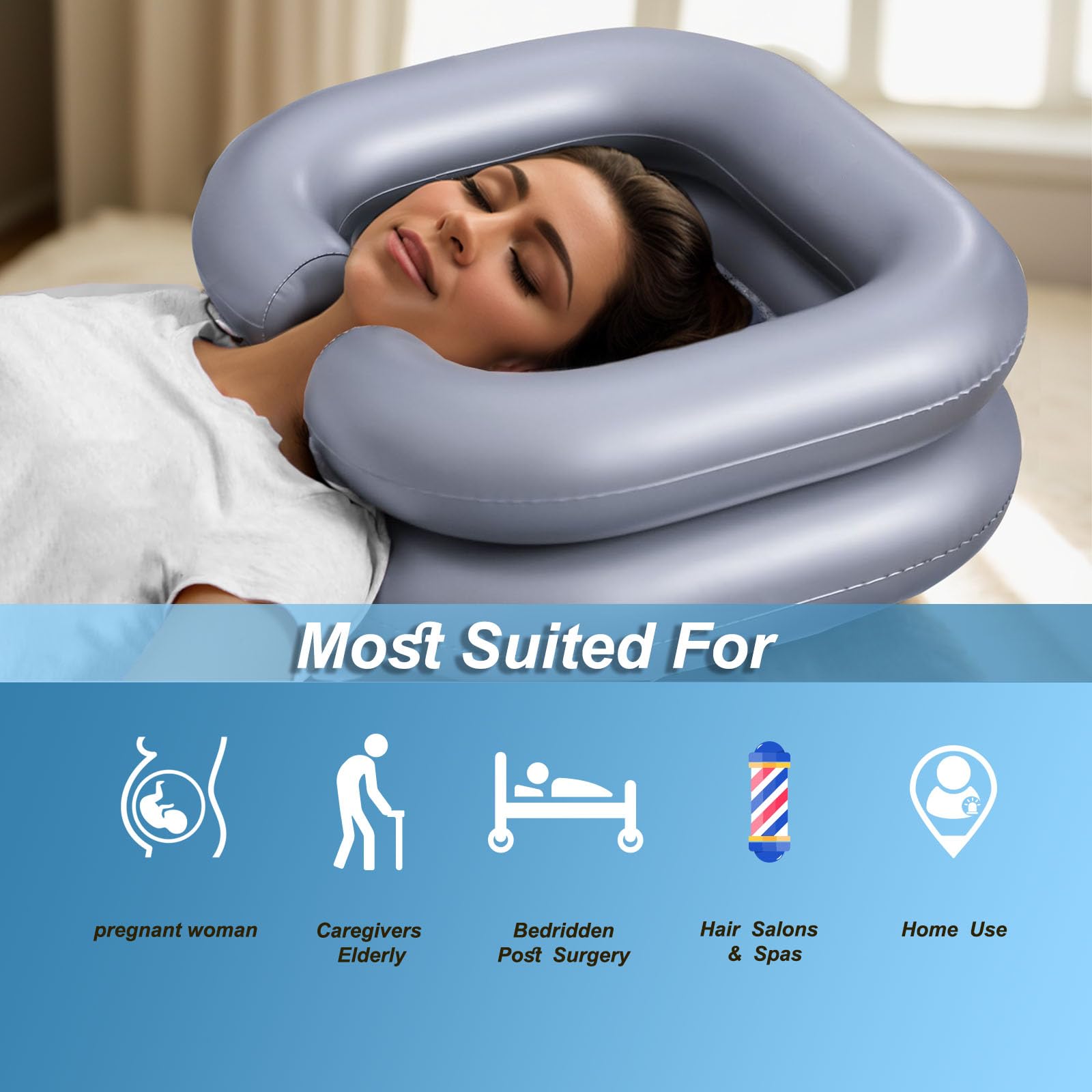 Light Sky Blue Inflatable Shampoo Basin for Bedridden and Disabled,Portable Shampoo Bowl for Injured, Hair Washing Basin for Childred,Pregnant Woman,Easy Hair Washing at Home (Silvery)