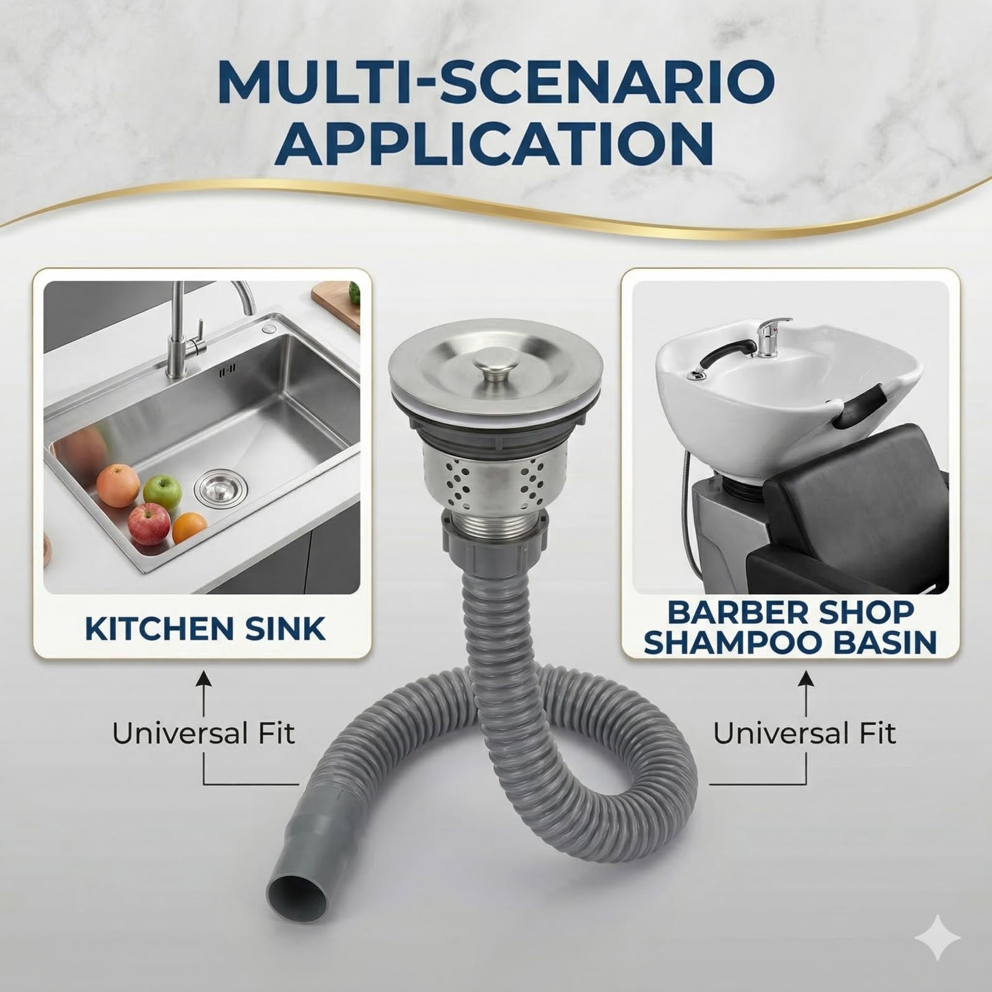 Gray Stainless Steel Sink Drain Strainer Assembly with Flexible Hose - Salon Shampoo Bowl Drain Kit with Deep Hair Catcher Basket & Stopper - Fits 3.1" to 3.5" Sink Openings