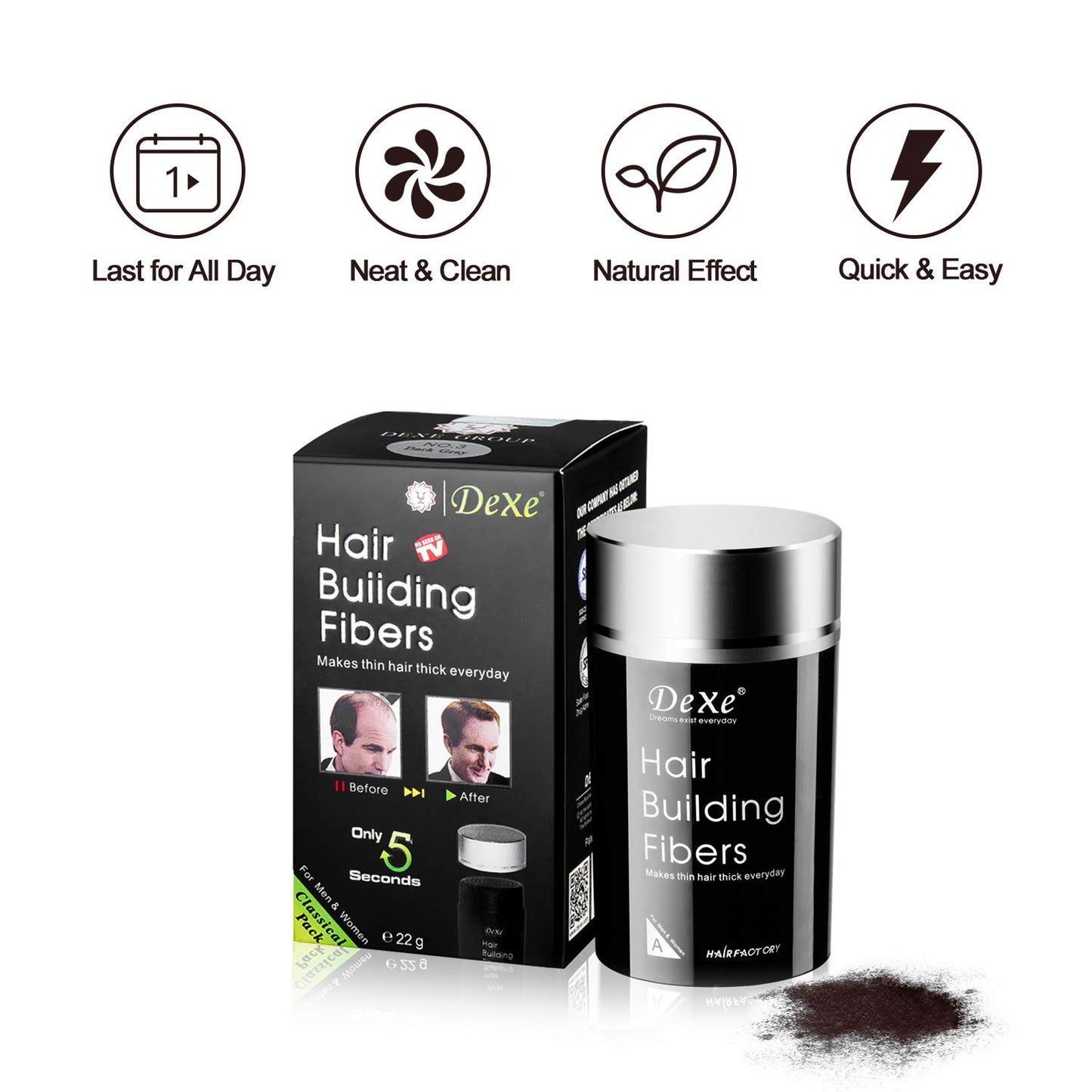 White Smoke Dexe Hair Building Fibers Color Powder Instantly Thicken Thinning Hair for Men and Women (Black)