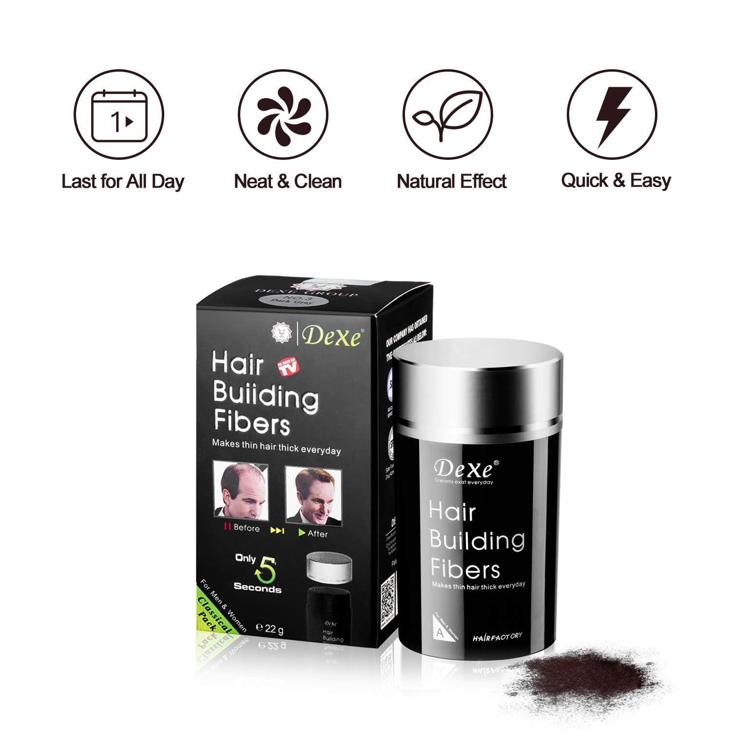 White Smoke Dexe Hair Building Fibers Color Powder Instantly Thicken Thinning Hair for Men and Women (Black)