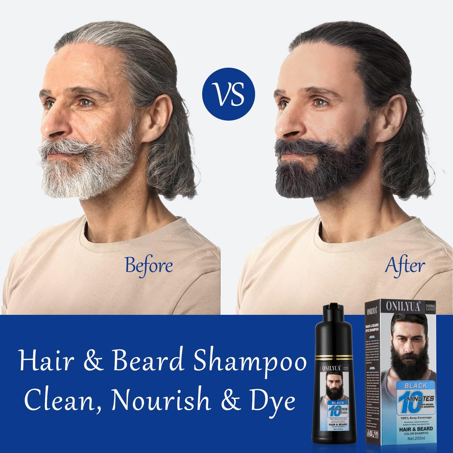 White Smoke Onilyua Men's 3 in 1 Black Beard Dye Shampoo, Simpler Color for Men's Beard & Mustaches, Long Lasting Gray Reducing 200 ml