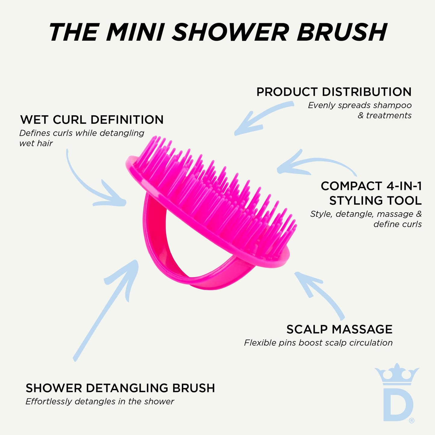 Seashell Denman (Pink) Scalp Massager and Detangling Hair Brush for Thick or Thin Hair, Curly or Straight Hair - use in the Shower or Bath - Head and Beard Scrubber - For Women and Men, D6