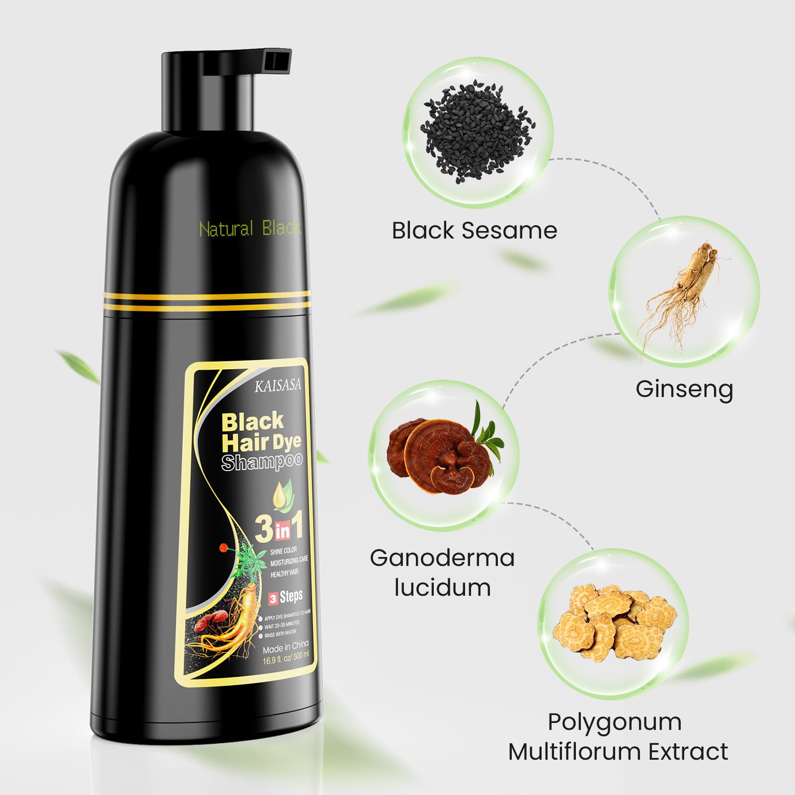 Lavender KAISASA Black Hair Dye Shampoo 3 in 1 for Gray Hair, Hair Color Shampoo for Women Men Grey Hair Coverage 500ml (Black)