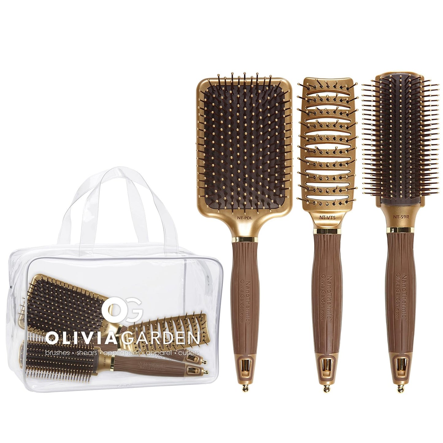 White Smoke Olivia Garden Ceramic + Ion NanoThermic Styler Hair Brush - Daily Styling for All Hair Types - With Retractable Sectioning Pick, 3-PC Bag (S9R, VTS, PDL)