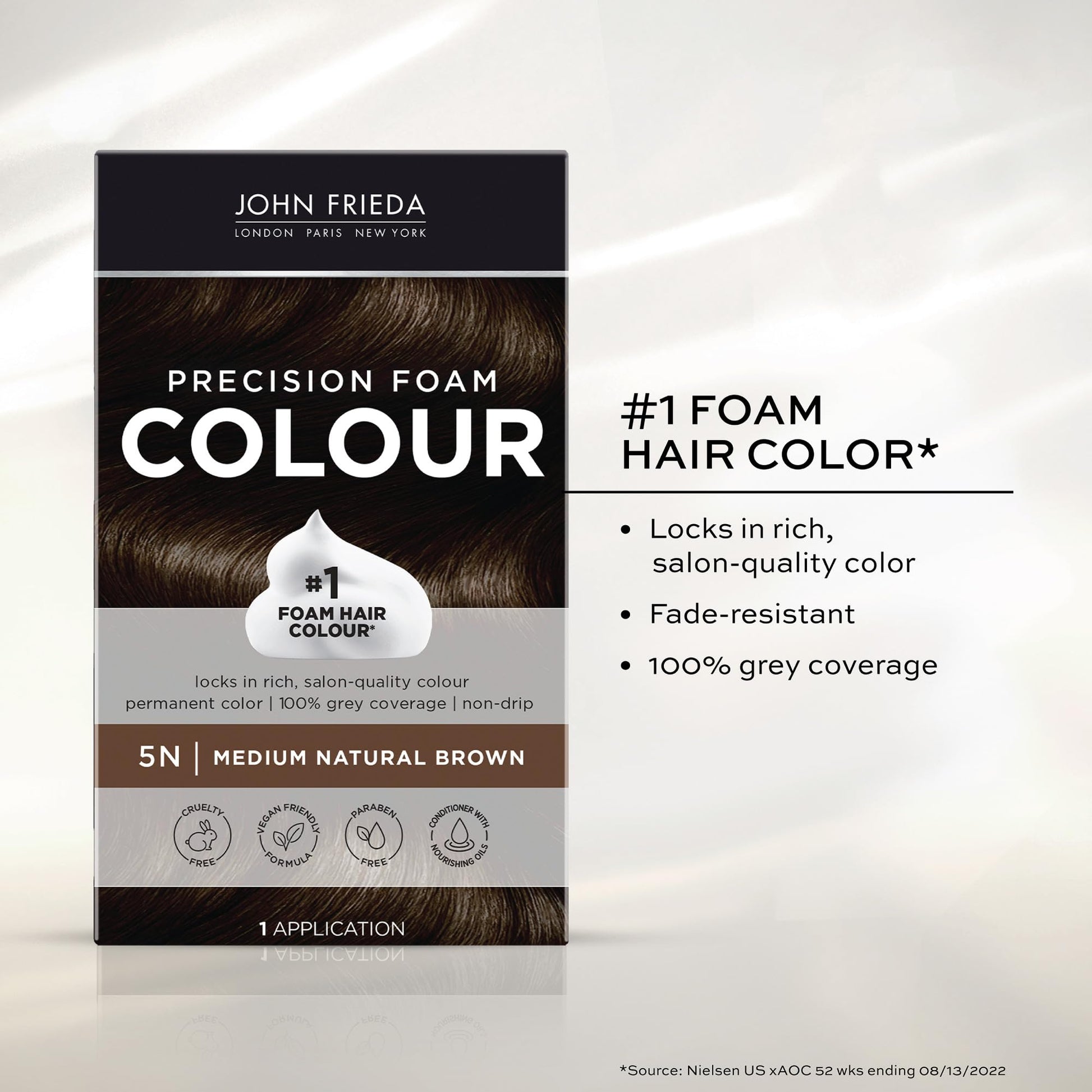 White Smoke John Frieda Precision Foam Colour, Medium Natural Brown 5N, Full-coverage Hair Color Kit, Anti-Fade Gray Coverage, Deep Color Saturation Hair Dye, 1 Application
