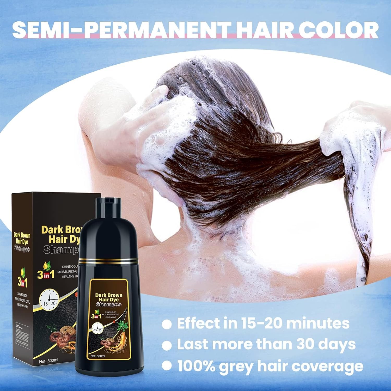 White Smoke IIIMEIDU Hair Dye Shampoo for Gray Hair, 3 in 1 Herbal Ingredients Natural Dye for Women Men, Grey Coverage 500ml Chestnut Brown 1