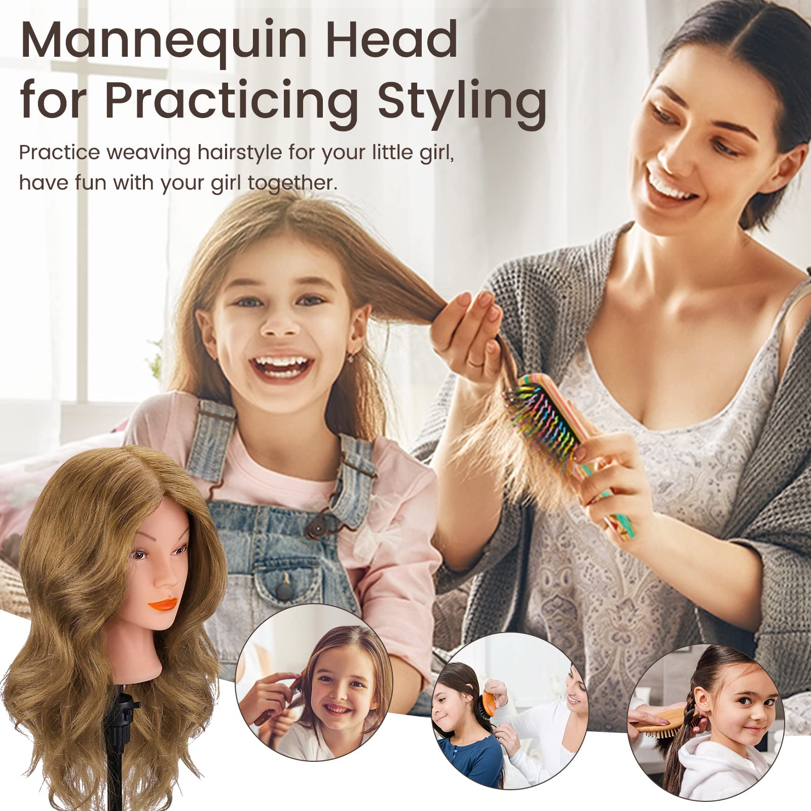 White Smoke Mannequin Head with 100% Real Hair for Cosmetology, CENOZ 18" Light Brown Hairdresser Training Head with Clamp Holder and Tool, Doll Head Mannequin Head for Hair Styling Practice