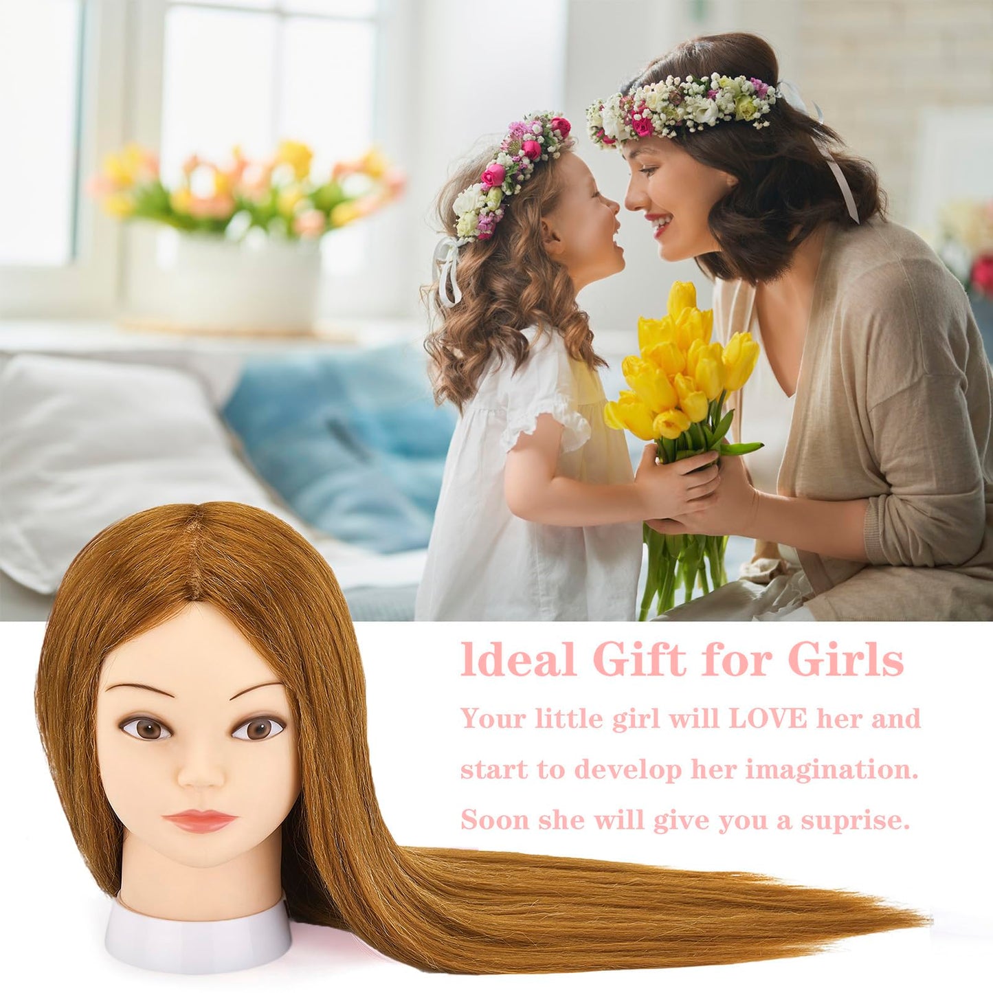 White Smoke Mannequin Head with 80% Human Hair, 28'' Doll Head for Cosmetology & Hairdresser, Real Hair Cosmetology Makeup Hairdressing Training Head