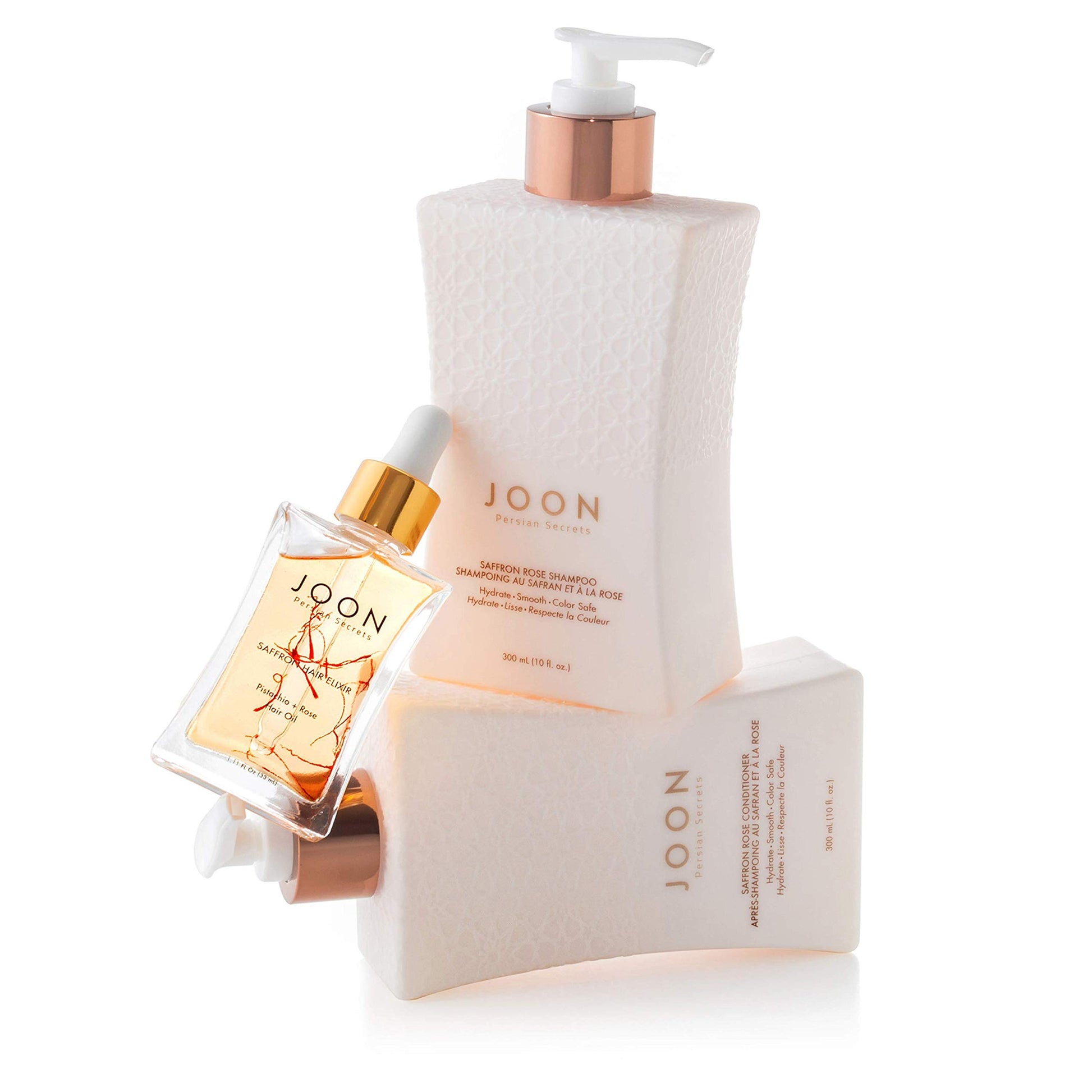 White Smoke Joon Moisturizing Trio Set | 1.1oz Saffron Hair Elixir, 10.1oz Saffron Rose Shampoo and Conditioner