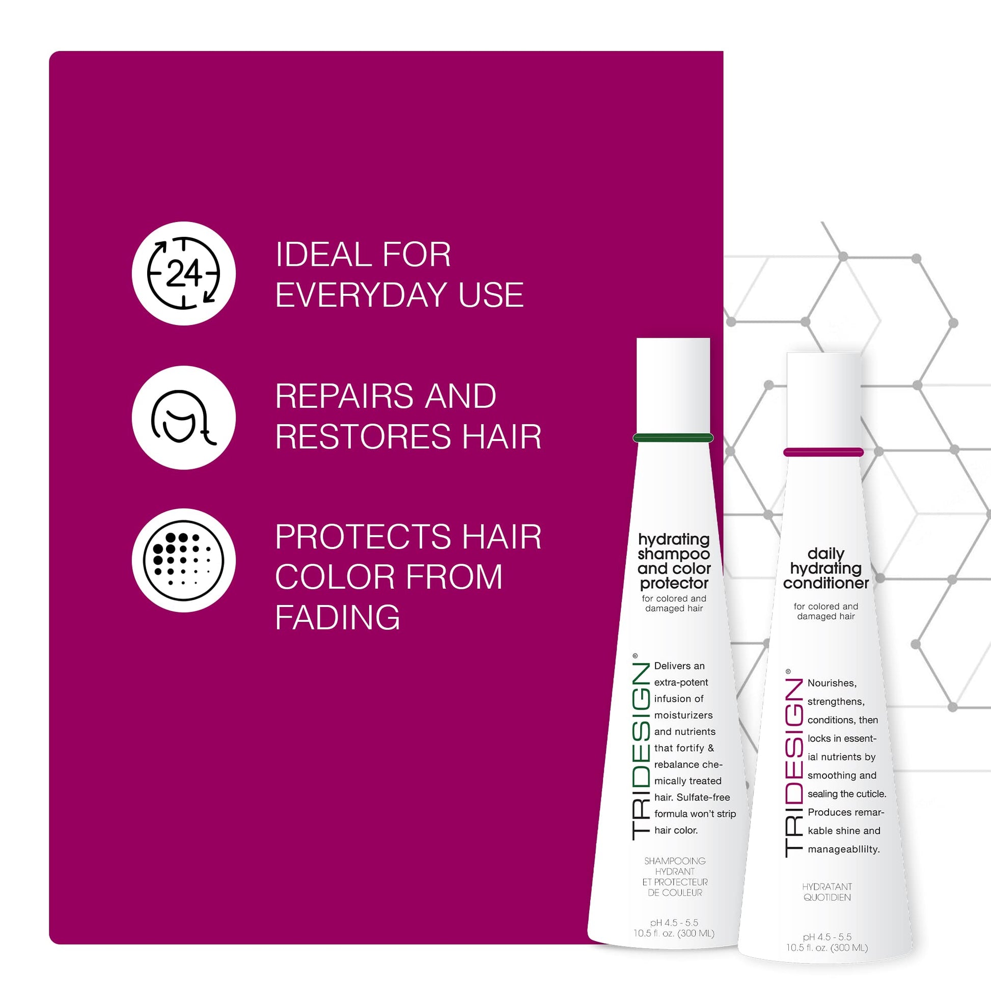 Maroon TRI Design Hydrating Shampoo & Conditioner Set - Sulfate Free Shampoo & Conditioner for Dry & Damaged Hair - Protect, Repair, and Moisturize Curly, Straight, Wavy, and Color-Treated Hair - 10.5 Ounce