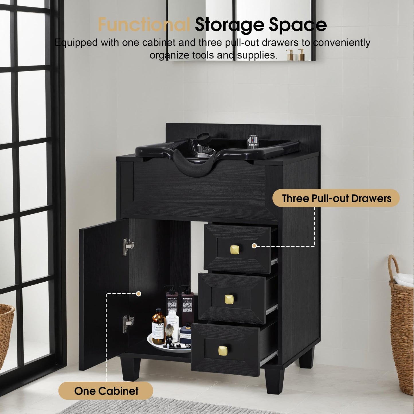 Gray BarberPub Barber Storage Shampoo Station, Spa Textured Embossed Cabinet with Shampoo bowl & Drawers, Hair Salon Sink Backwash Equipment 7131 (Black)