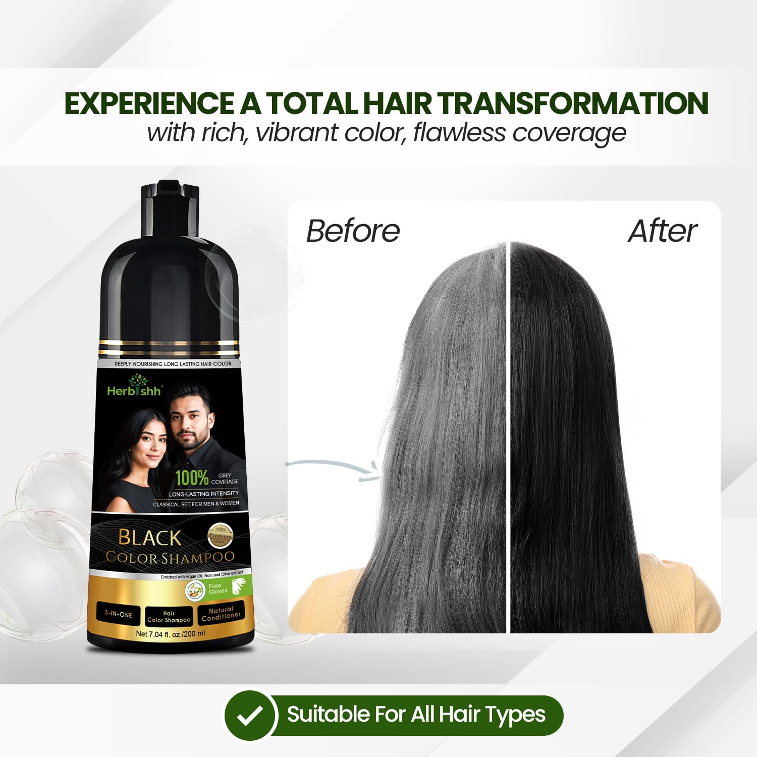 White Smoke Herbishh Black Shampoo, Hair Dye Shampoo 3 in 1, 100% Grey Coverage, Demi-Permanent Hair Color for Men & Women, Long-lasting Color in 5-15 Mins, Ammonia-free, 200 ml