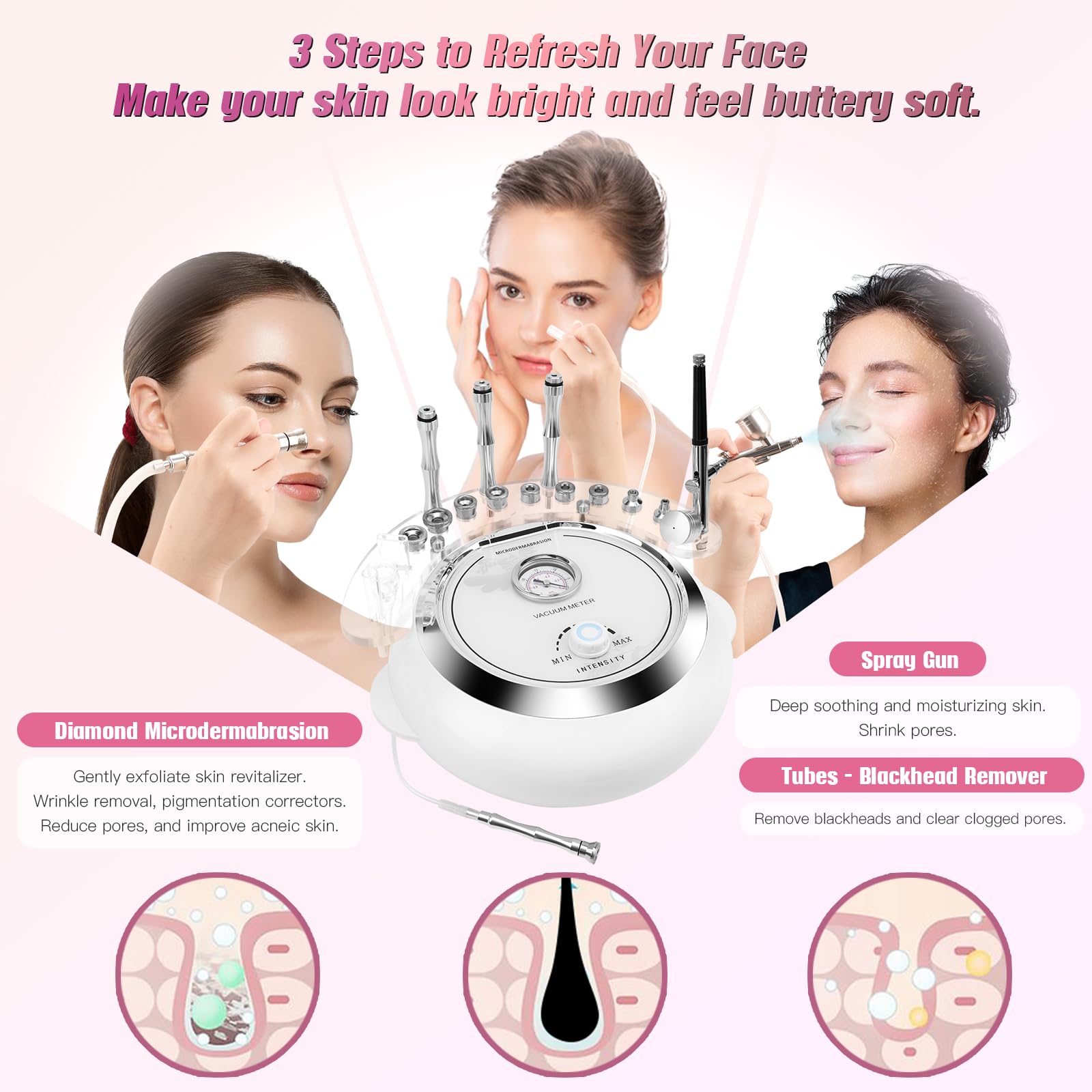 White Smoke 3 in 1 Diamond Machine, TopDirect Facial Skin Care Salon Equipment Beauty Device with Spray Gun (Strong Suction Power: 65-68cmhg)