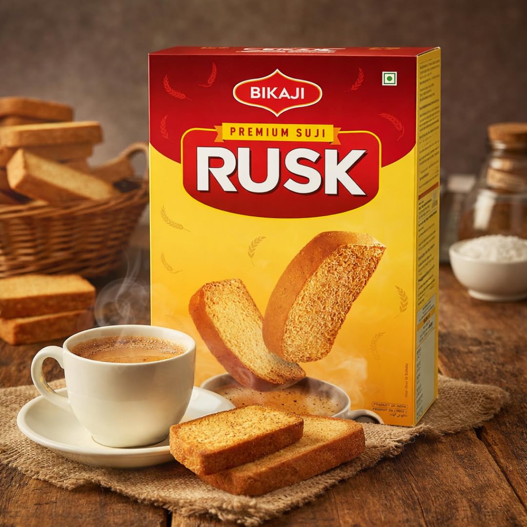 Saddle Brown Bikaji Premium Suji Rusk 21.16 oz (600g), Crispy Semolina Toast, Golden Suji Rusk Biscuit, Indian Tea-Time Snack, Everyday Chai Snack, Ready-to-Eat Toasted Biscuit