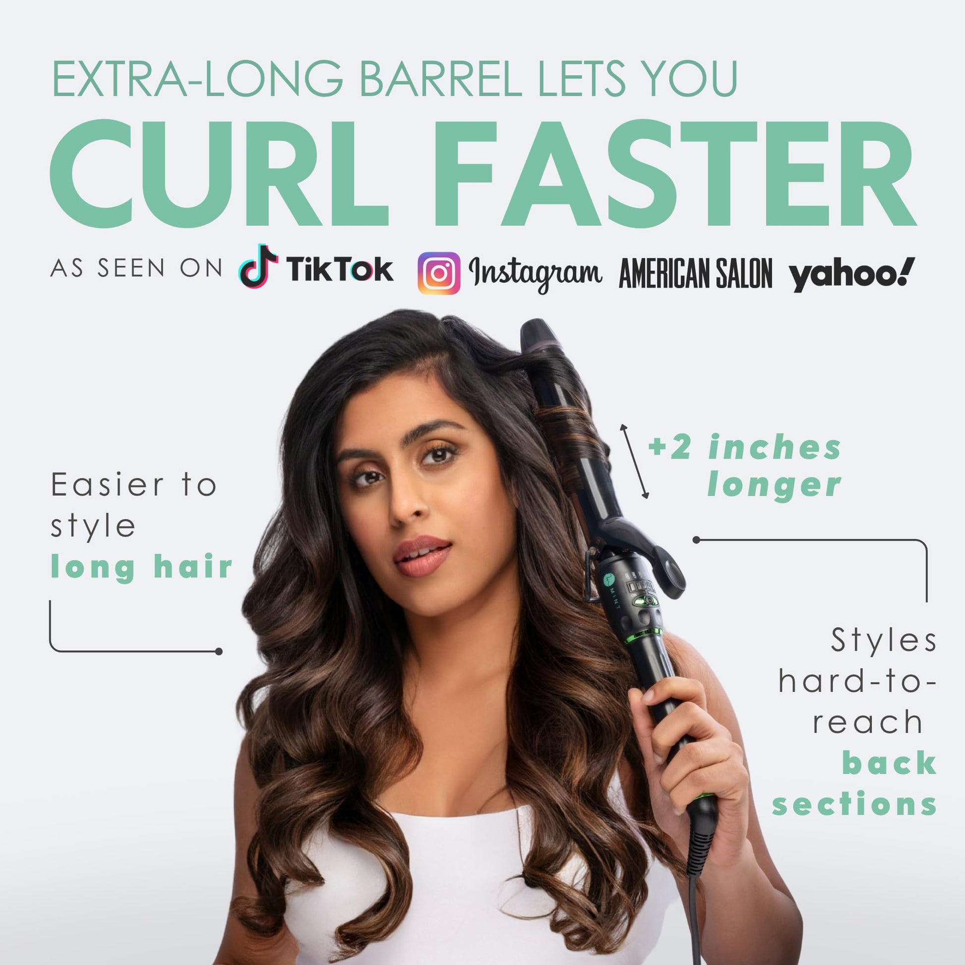 White Smoke MINT Professional Extra Long Hair Curling Iron 1 1/4 inch | 2-Heater Ceramic Barrel that Stays Hot | 1.25 Inch Hair Iron Curler for Medium to Large Curls | Travel-Ready International Dual Voltage