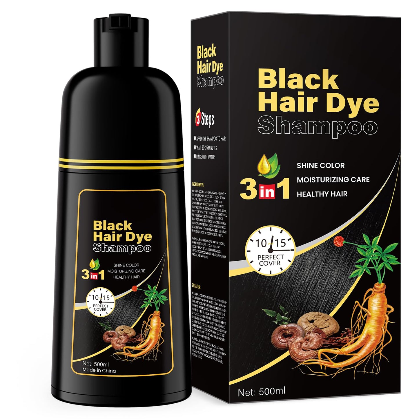 Black IIIMEIDU Hair Dye Shampoo for Gray Hair Coverage, 3 in 1 Natural Black Dye for Women Men, 500ml