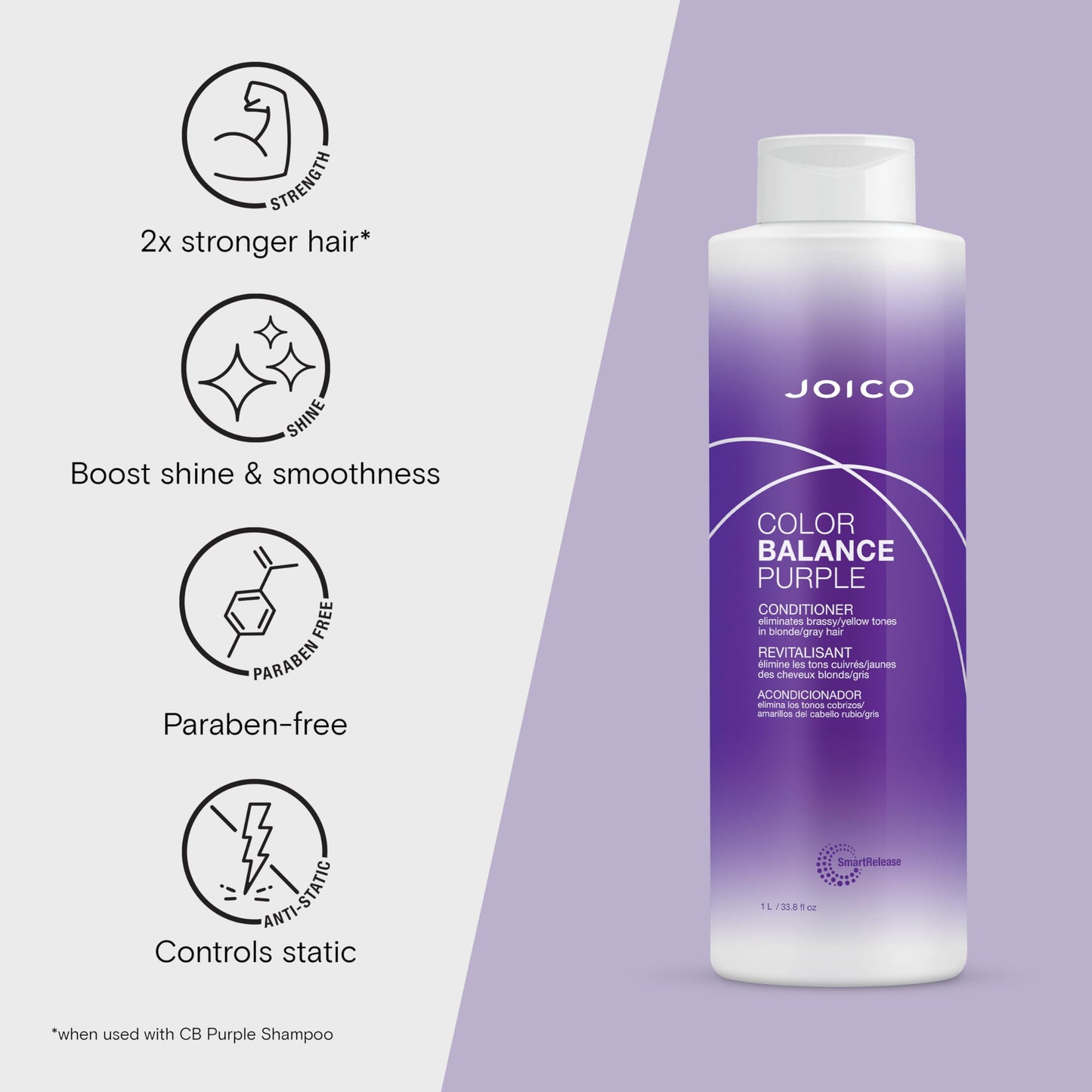 Lavender Joico Color Balance Purple Conditioner | For Cool Blonde, Gray Hair | Eliminate Brassy Yellow Tones | Boost Color Vibrancy & Shine | UV Protection | With Rosehip Oil & Green Tea Extract | 33.8 Fl Oz