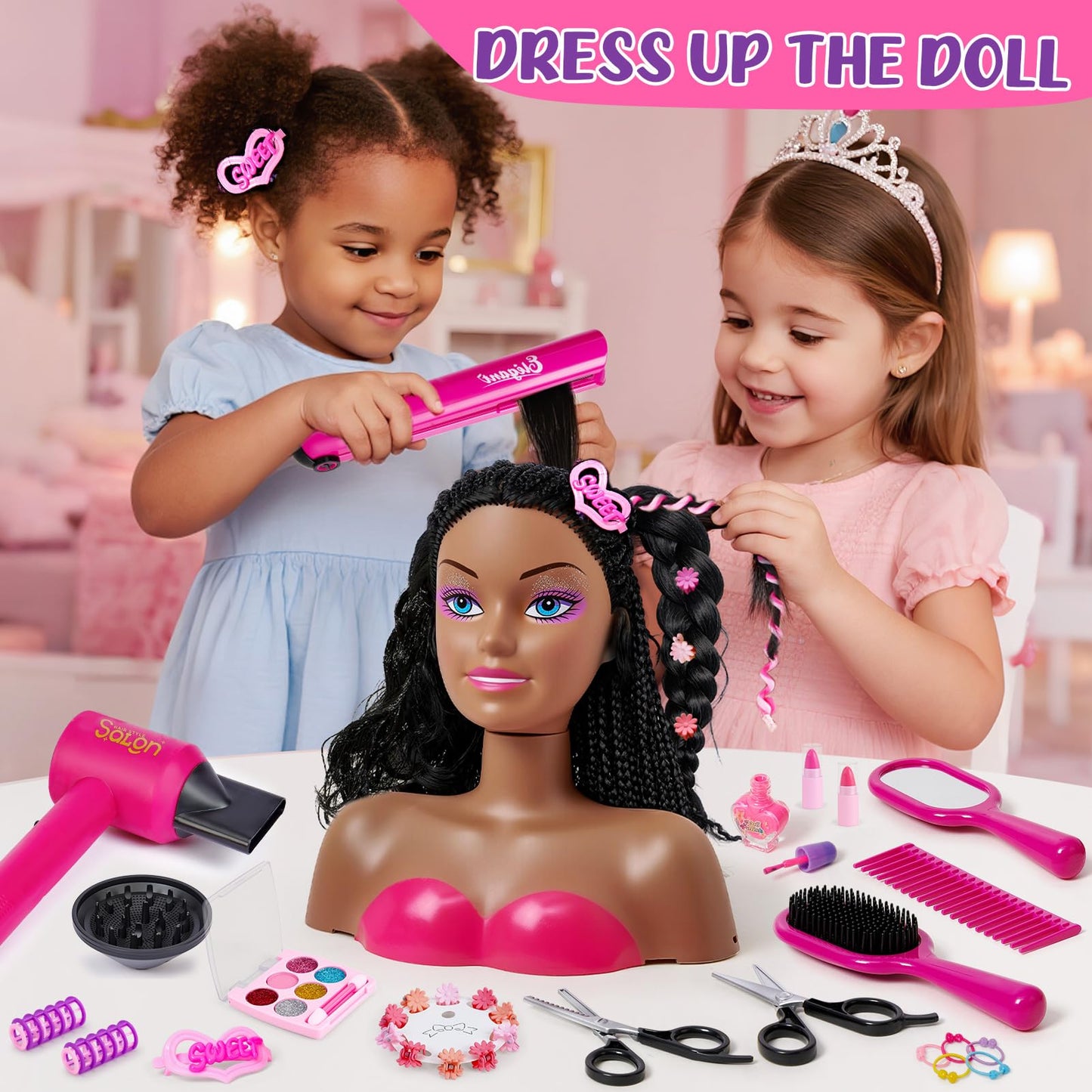 Tan Cleboen Hair Styling Doll Head Makeup Kit for Girls Toys, 35PCS Kids Hair Salon Pretend Playset with Hairdryer Straightener Headwears & Real Makeup Nail Polish, Birthday Gifts for Girls 3 4 5 6 7 8+