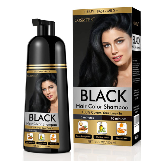 White Smoke COSMTEK Black Dye Shampoo for Permanent Hair Color - Men&Women, Gray Coverage, Beard & Treated Hair, 3-In-1, 30 Days/500ml/Ammonia-Free/Natural Herbal