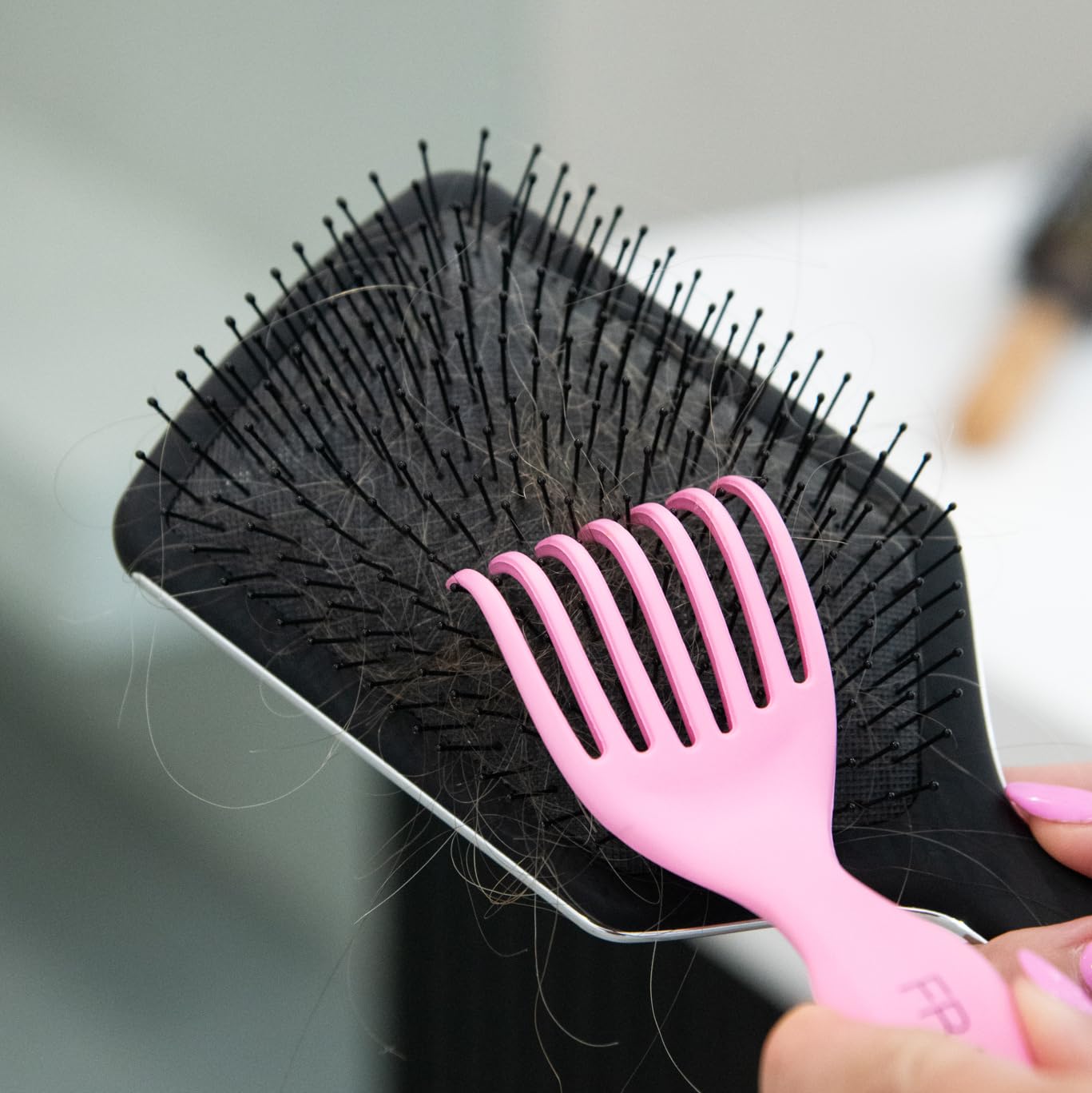 Gray FRAMAR Premium Hair Brush Cleaner Tool – Hairbrush Cleaner Tool, Brush Cleaner Tool for All Types, Comb Cleaner – 2 in 1 Design Removes Hair & Build up Instantly – Pink