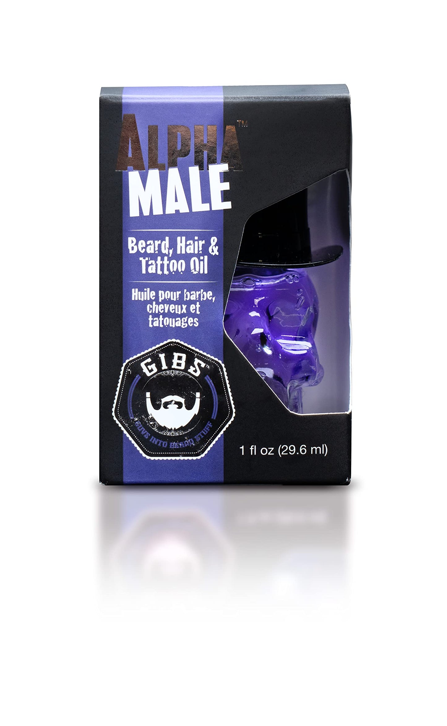 Black GIBS Grooming - Alpha Male Beard, Hair & Tattoo Oil (1 fl oz) Collectible Glass Skull Bottle - Softens & Strengthens - Skin Moisturizer - Vitamin C - UV Shield - Travel Size - Beard Oil - Made in USA