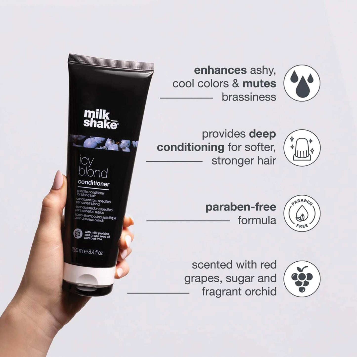 Lavender milk_shake icy blond conditioner | award winning toning conditioner with black pigment to neutralize yellow and brass in platinum blonde hair | hydrates and brightens cool tones 8.4 fl oz
