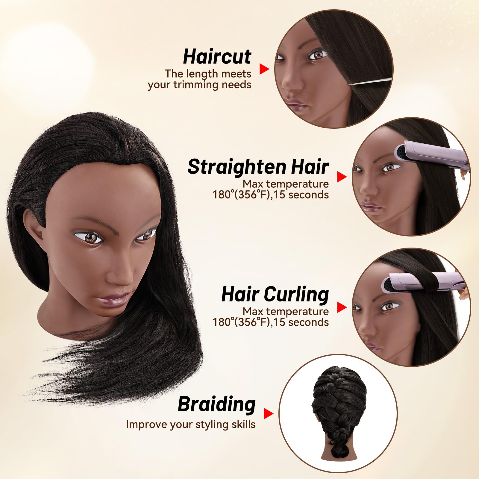 Seashell Yekavo 20" Mannequin Head Human Hair with Tripod Stand, 90% Real Hair Cosmetology Black Manikin Doll Head for Hairdresser Practice Braiding with Stand Set