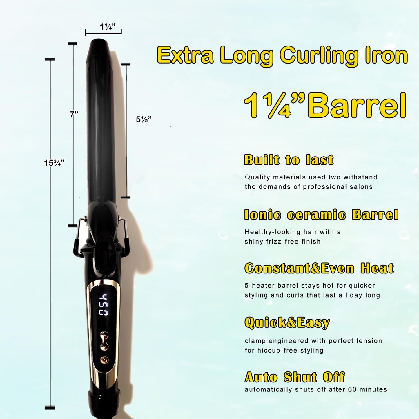 Alice Blue abp 1.25 Inch Curling Iron Extra Long Barrel with Ceramic Coating for Long/Medium Hair,1 1/4 INCH LCD Display Instant Heat up to 450°F with clamp,Hair Style Tool Girls & Women