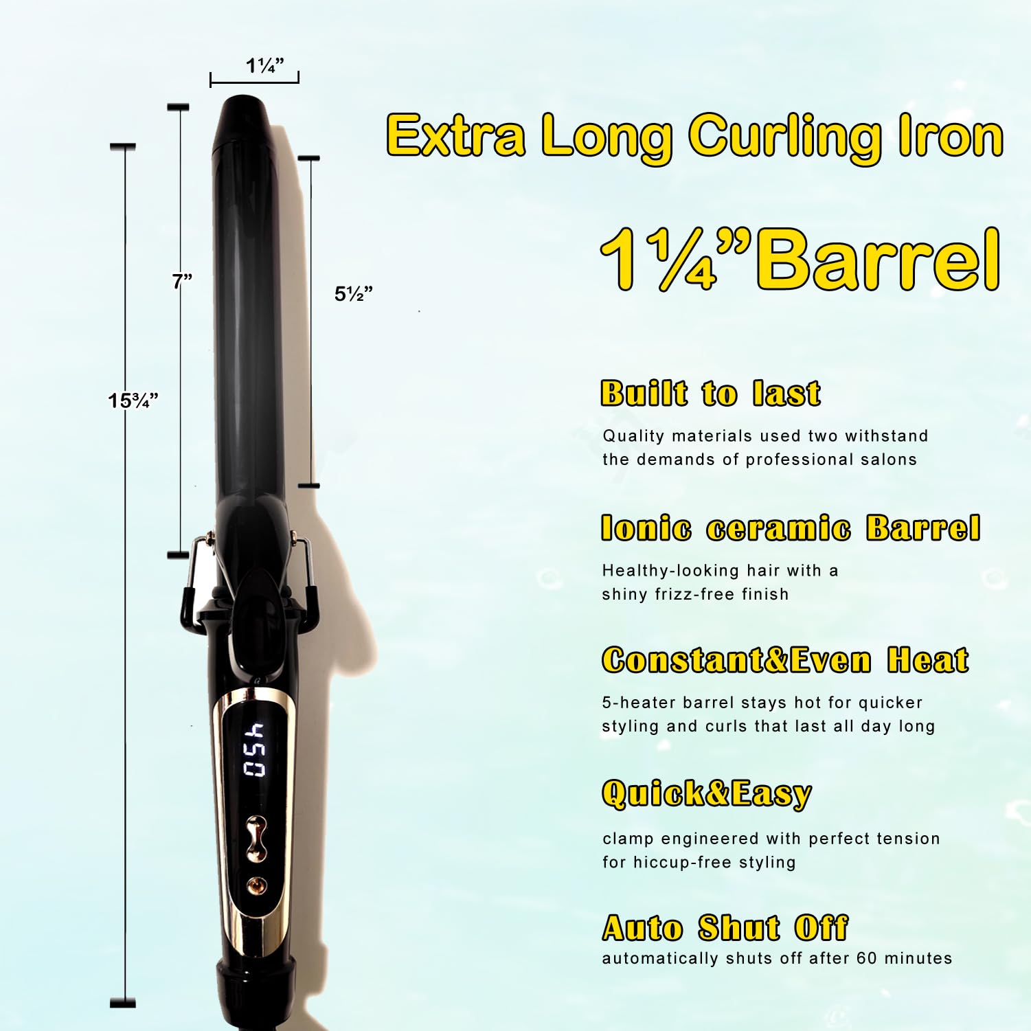 Alice Blue abp 1.25 Inch Curling Iron Extra Long Barrel with Ceramic Coating for Long/Medium Hair,1 1/4 INCH LCD Display Instant Heat up to 450°F with clamp,Hair Style Tool Girls & Women