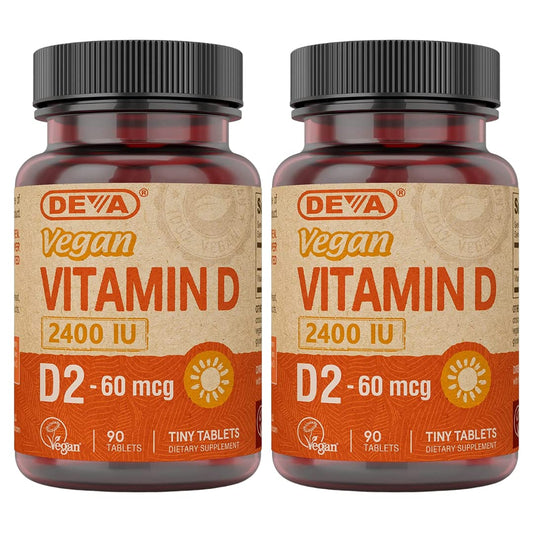 White Smoke DEVA Vegan Vitamin D2 60 mcg 2400 IU, Ergocalciferol Supplement with No Animal Ingredients, 90 Tablets (Pack of 2)