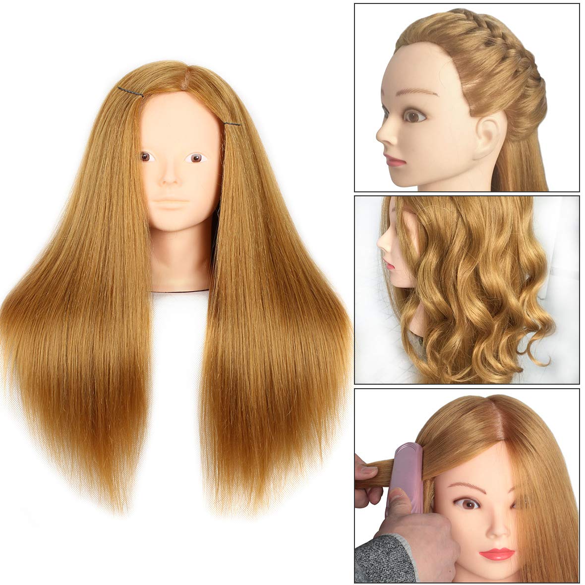 White Smoke Mannequin Head With Human Hair 22-24 Inch Blonde 60% Real Hair Cosmetology Manicans Head for Practicing Braiding Styling Cutting Doll Head with Clamp Holder