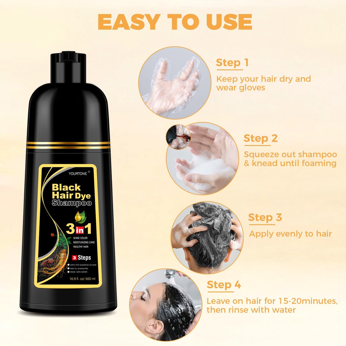 Antique White YOURTONE Black Hair Dye Shampoo 3 in 1 for Gray Hair Coverage, Hair Color Shampoo for Women Men, Herbal Ingredients Champu Para Pintar el Cabello (16.9 Oz)