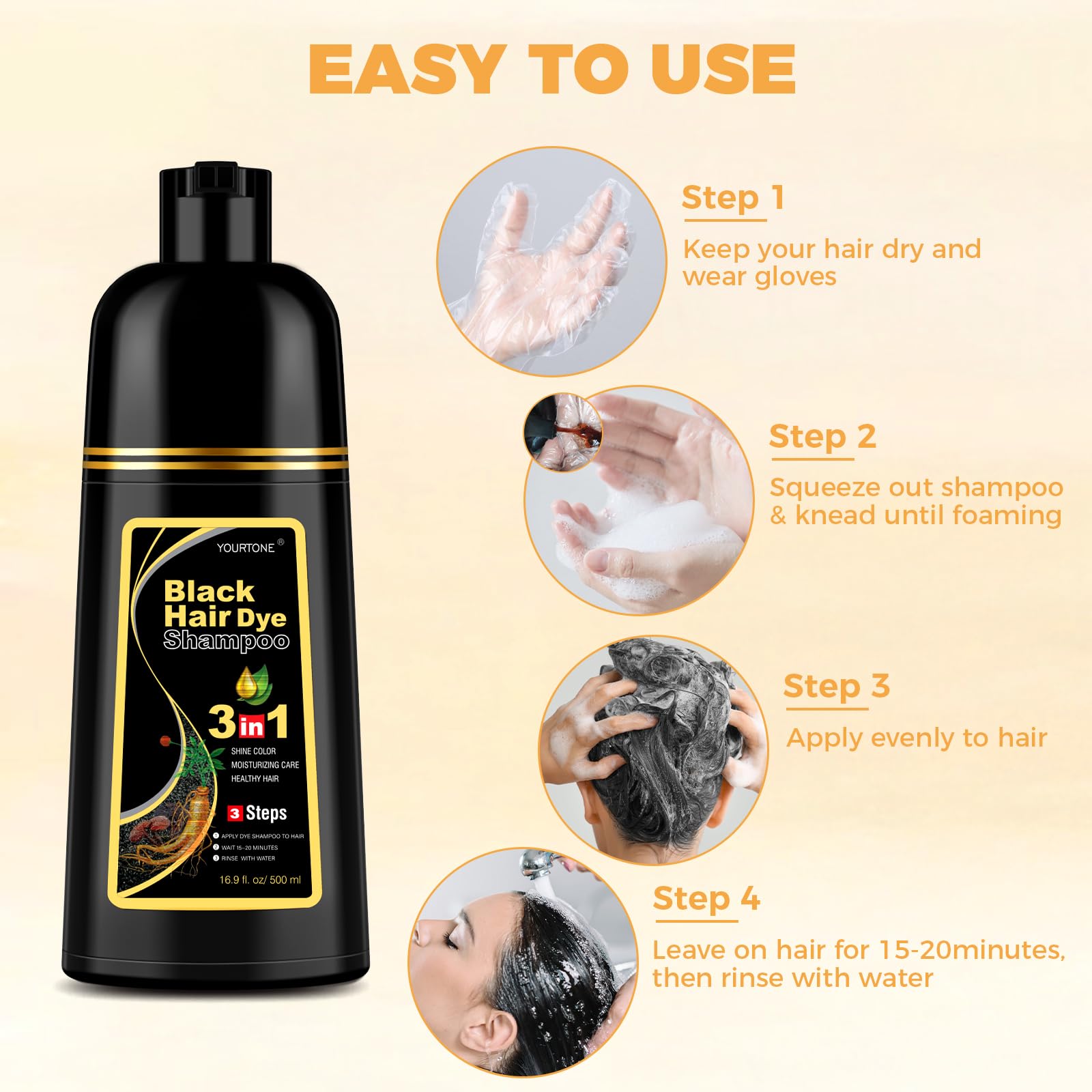 Antique White YOURTONE Black Hair Dye Shampoo 3 in 1 for Gray Hair Coverage, Hair Color Shampoo for Women Men, Herbal Ingredients Champu Para Pintar el Cabello (16.9 Oz)