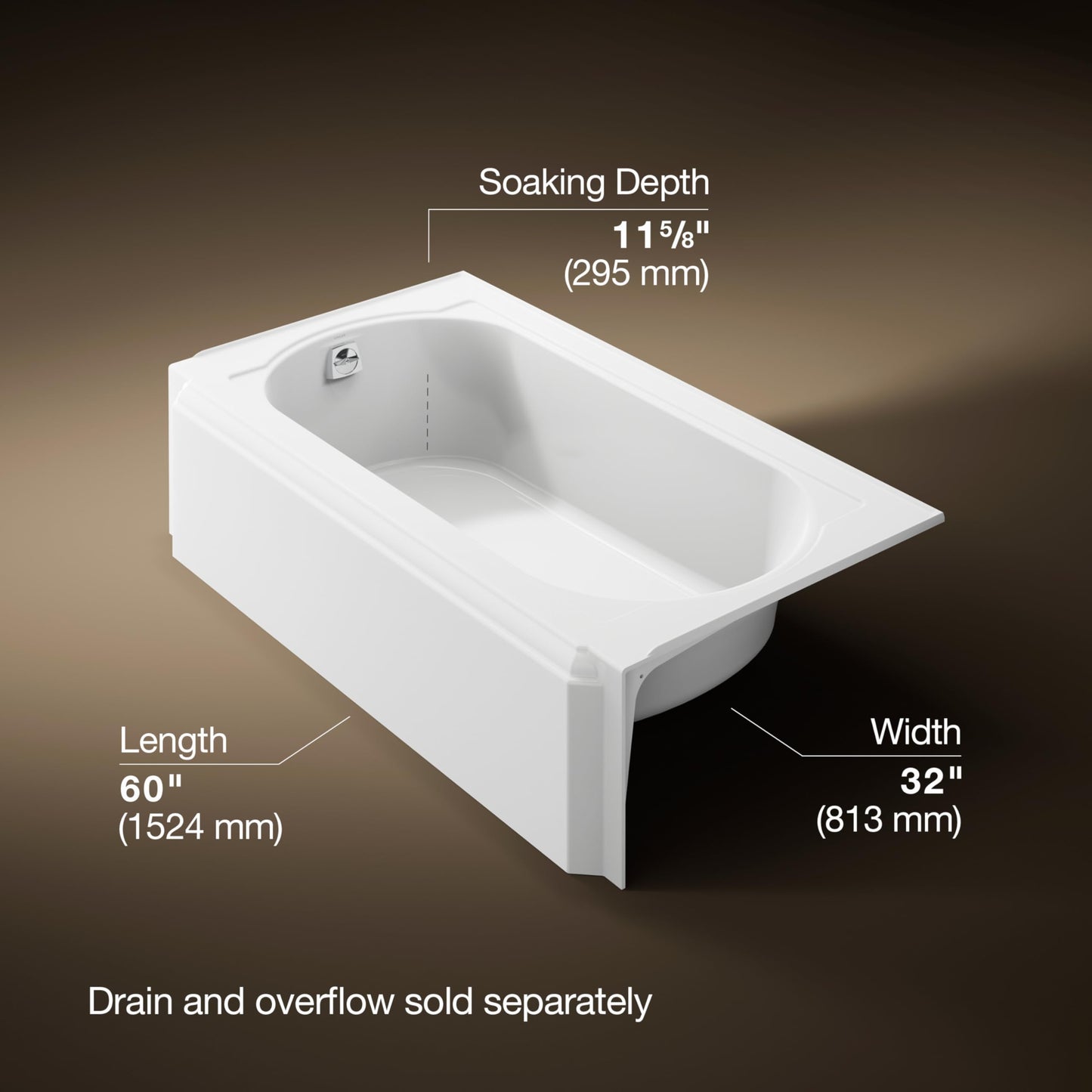 Black KOHLER K-721-0 Memoirs 60" x 33-3/4" Alcove Cast Iron Bathtub with Left-Hand Drain and Itegral Flange, Safeguard Slip-Resistant Surface, White