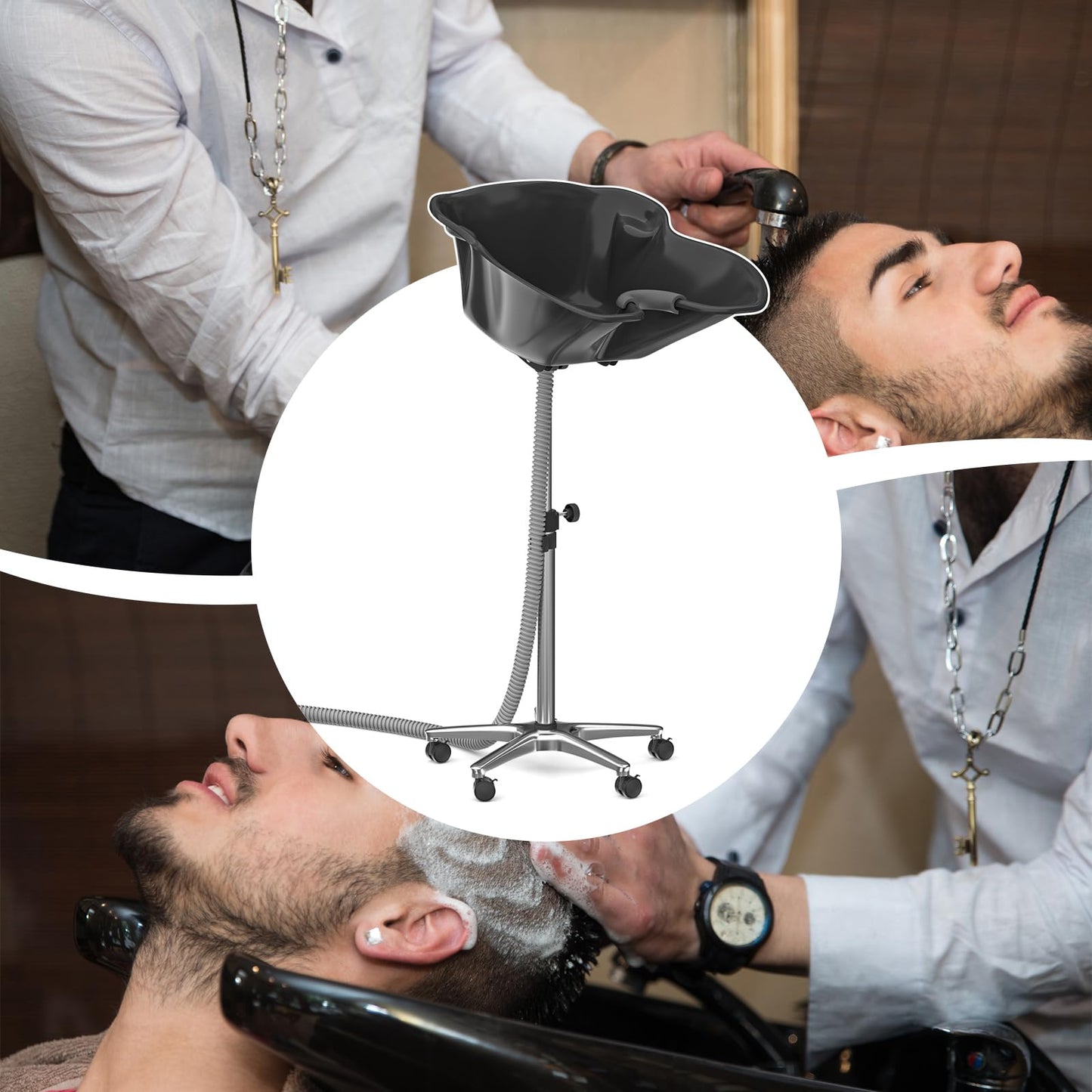 White Smoke Height Angle Adjustable Portable Shampoo Basin Hair Washing Sink Shampoo Bowl for Home and Salon, 118.11” Drain Hose, Stainless Steel Base, Lockable Wheels