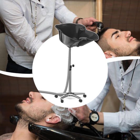 White Smoke Height Angle Adjustable Portable Shampoo Basin Hair Washing Sink Shampoo Bowl for Home and Salon, 118.11” Drain Hose, Stainless Steel Base, Lockable Wheels