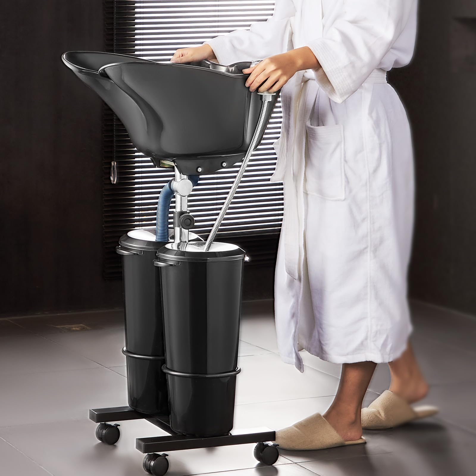 Black VEVOR Portable Shampoo Bowl, Shampoo Sink for Washing Hair with Electric Pump, Includes 2 Buckets 2 Showerheads, Drain Hose, Height and Angle Adjustable Portable Wash Bowl for Home Salon Use, Black