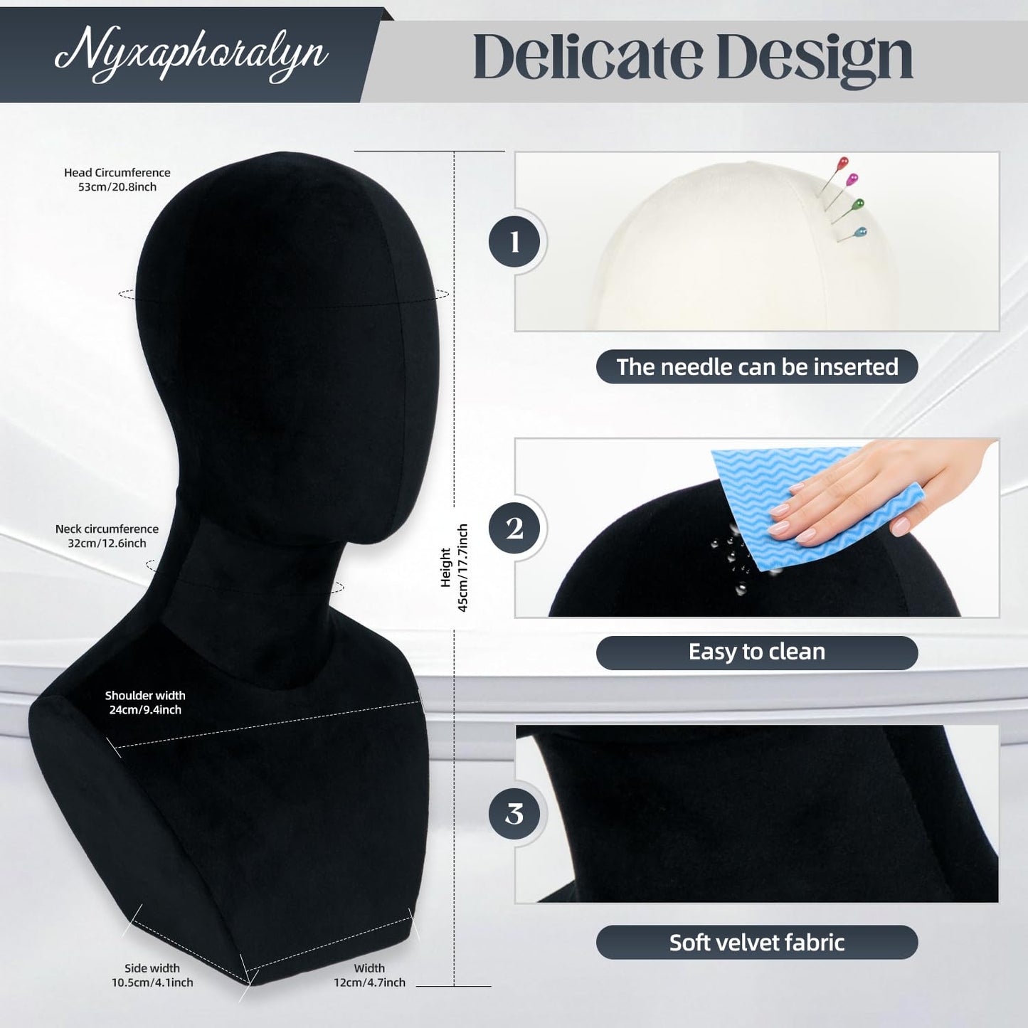 White Smoke Nyxaphoralyn Mannequin Head with Shoulders – Display Model for Wigs, Hats, Jewelry, Sunglasses – Soft Velvet Stand Bust for Store & Home Display (Elegant Black)