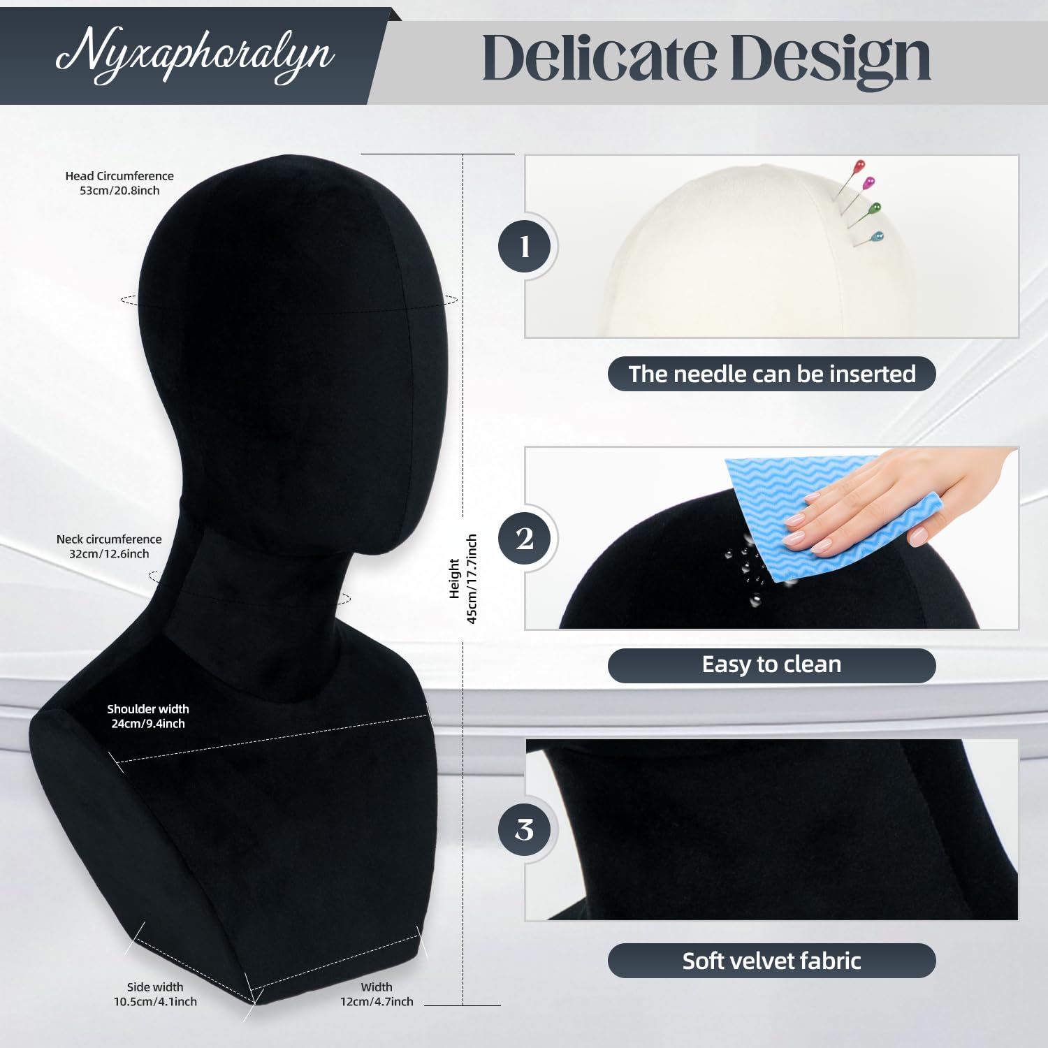 White Smoke Nyxaphoralyn Mannequin Head with Shoulders – Display Model for Wigs, Hats, Jewelry, Sunglasses – Soft Velvet Stand Bust for Store & Home Display (Elegant Black)