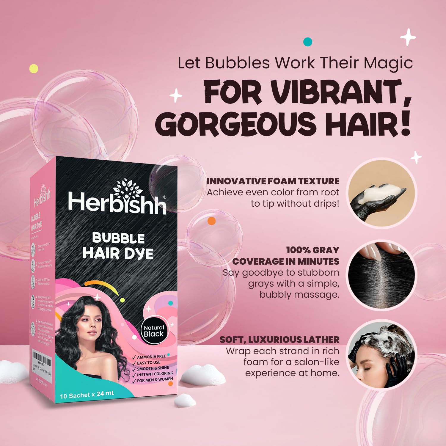 Thistle Herbishh Bubble Foam Hair Dye Shampoo, 3 in 1 Dye for 100% Grey Coverage, Permanent & Instant Hair Coloring for Men & Women, Long-lasting & Travel-friendly, Ammonia-free, 10 Sachet x 24 ml (Black)