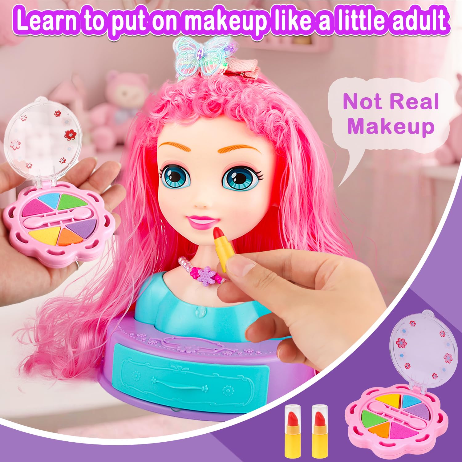 Rosy Brown Kryonixty 4-in-1 Doll Head for Hair Styling Kids-9Inch,41pcs Hair Salon Toys Makeup Kit Princess Accessories Pretend Play Toys Birthday Gifts for 3-8 Year Old Girls