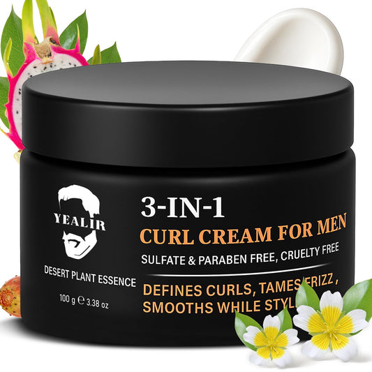 White Smoke 3-in-1 Curl Cream for Men - Defines Curls, Tames Frizz, Adds Smoothness and Texture for Curly and Wavy Hair, Hair Styling Cream with Desert Derived Extracts, Sulfate - Free 3.38 oz