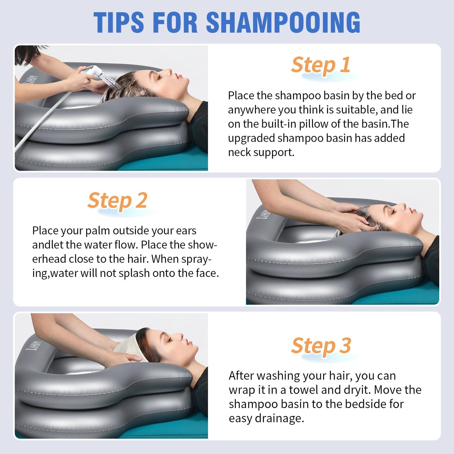 White Smoke Inflatable Portable Shampoo Bowl, Hair Washing Bowl with Drain Hose & Neck Support, PVC Inflatable Shampoo Bowl for Bedridden Patients, Disabled, Seniors, Kids, Home Care