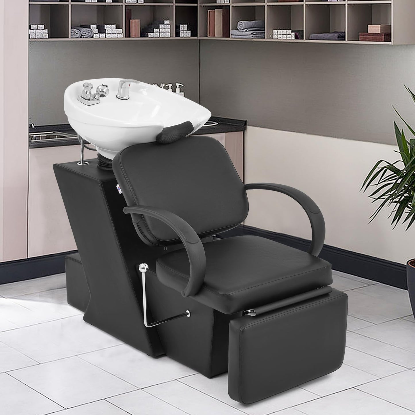 Dark Slate Gray Artist Hand Shampoo Bowl, 47" Ceramic Bowl Chair Adjustable Backwash Shampoo Station Footrest Salon Equipment(White Bowl)