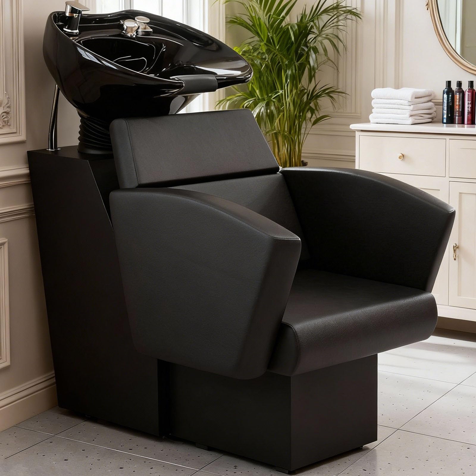 Black Icoget Shampoo Bowl and Chair Set for Salon, Deep Porcelain Tilting Salon Sinks for Hair Stylist, Backwash Shampoo Stations for Barber,Home, Black