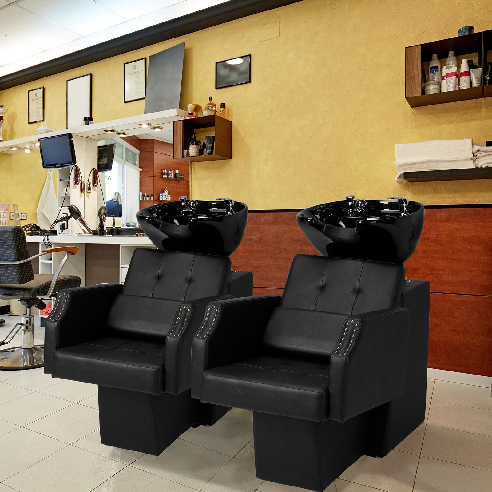 Dark Khaki Winado Salon Shampoo Backwash Chair, Hair Wash Stations with Large Ceramic Bowl, Adjustable Shampoo Bowl Sink Chair for Barbershop Beauty Spa Massage Hairdressing Equipment