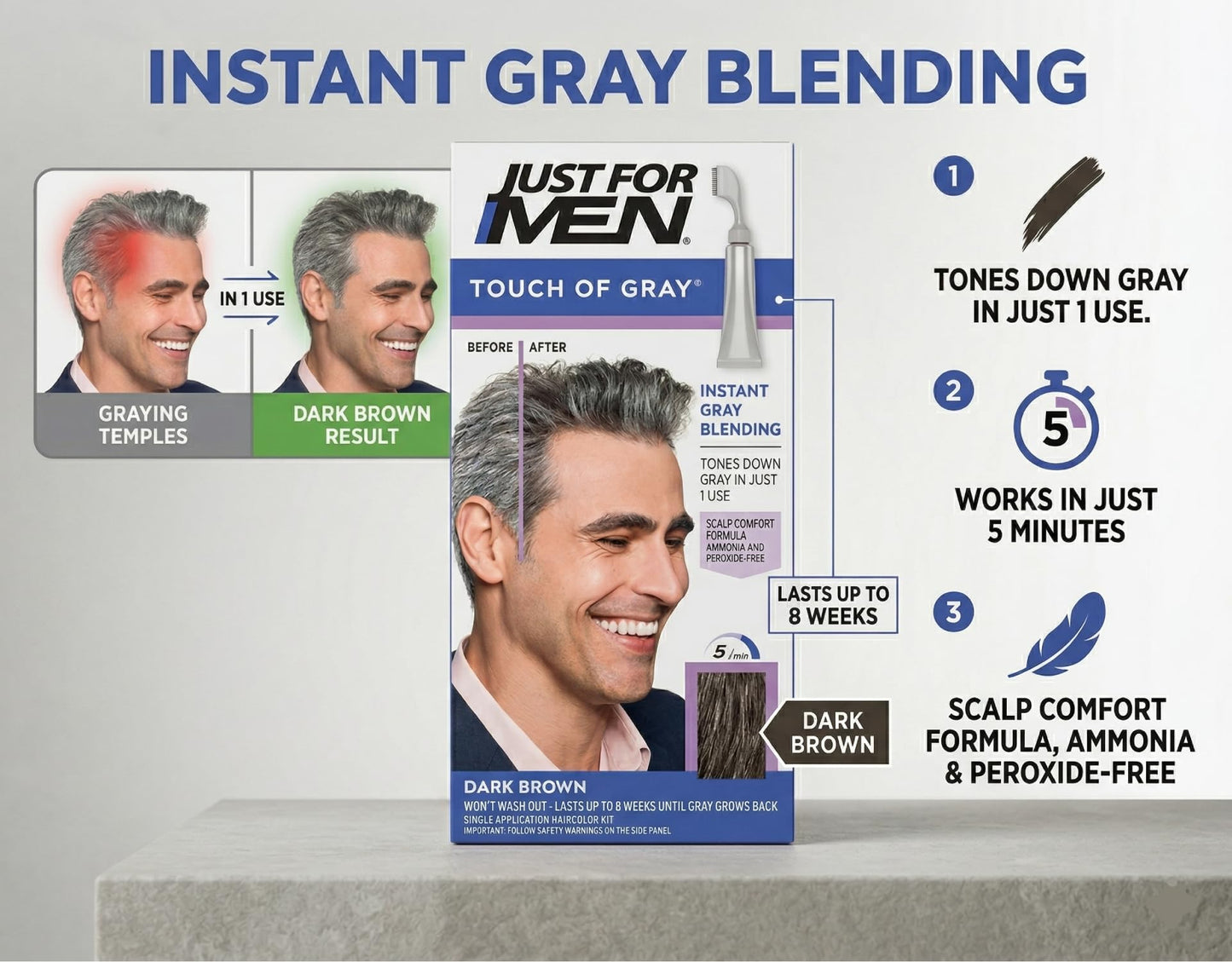White Smoke JUST FOR MEN Touch of Gray Hair Treatment T-45 Dark Brown, 2 Pack