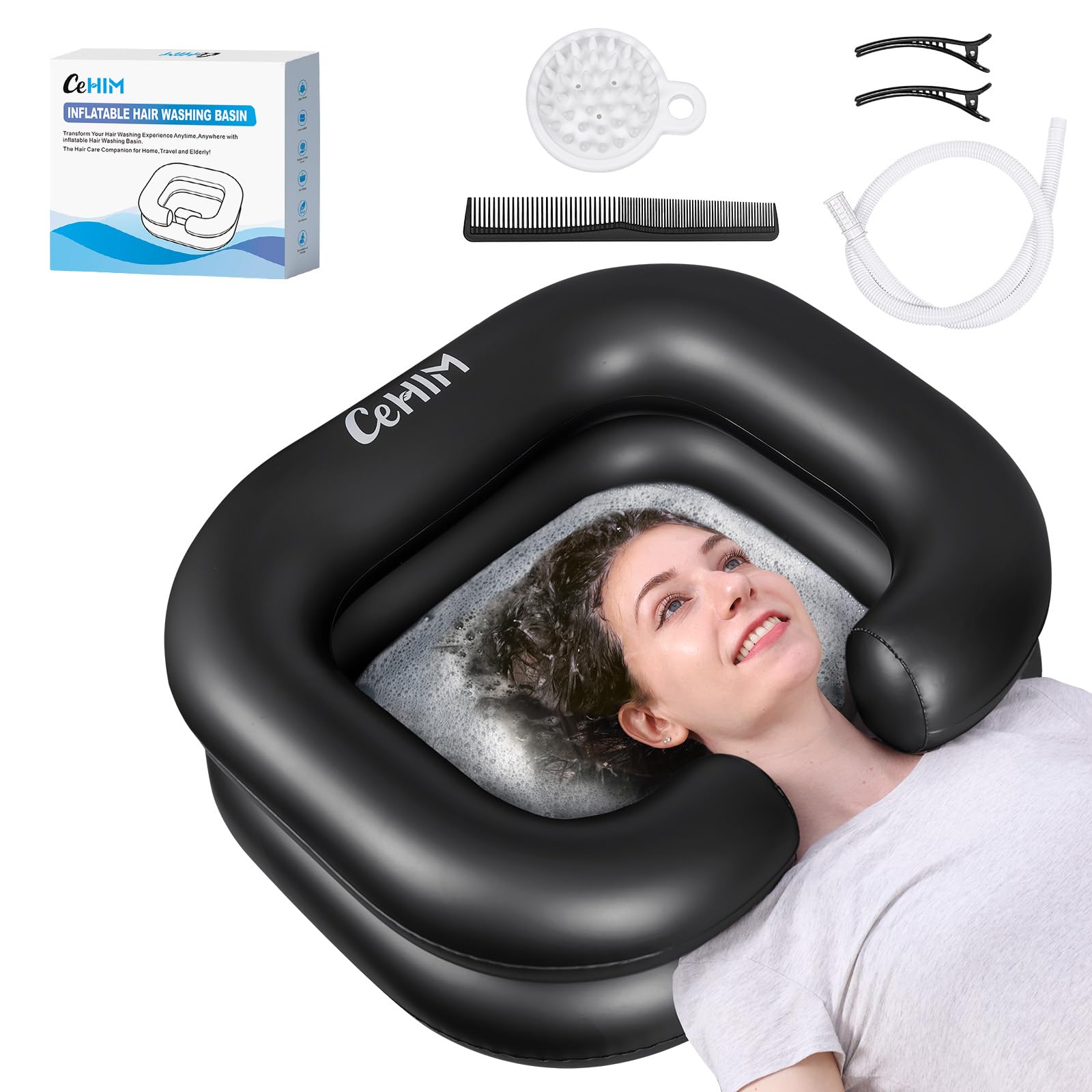 White Smoke Cehim Inflatable Shampoo Basin - Portable Shampoo Bowl, Hair Washing Basin for Bedridden, Disabled,Injured, Hair Wash Tub for Dreadlocks and at Home Sink Washing (Black, 15in Inner)
