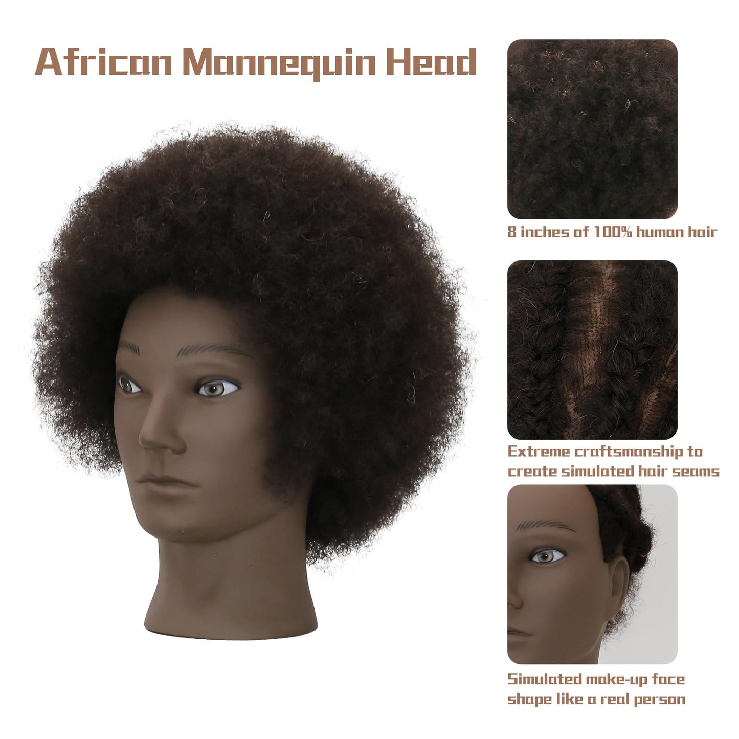 White Smoke WDQXCQA Afro Male Mannequin Head 8-inch mannequin head with 100% human hair that can be bleached or dyed to suit hair styling practice cutting practice styling practice and braiding practice